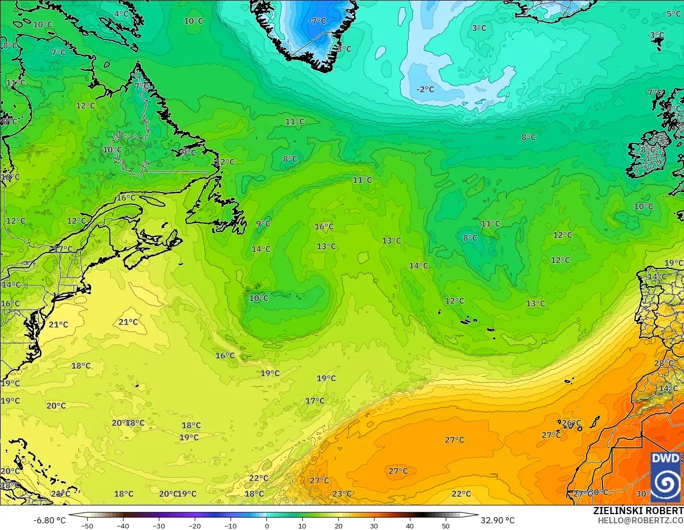ICON modelo - Norte Atlántico, Temperatura a 850 hPa