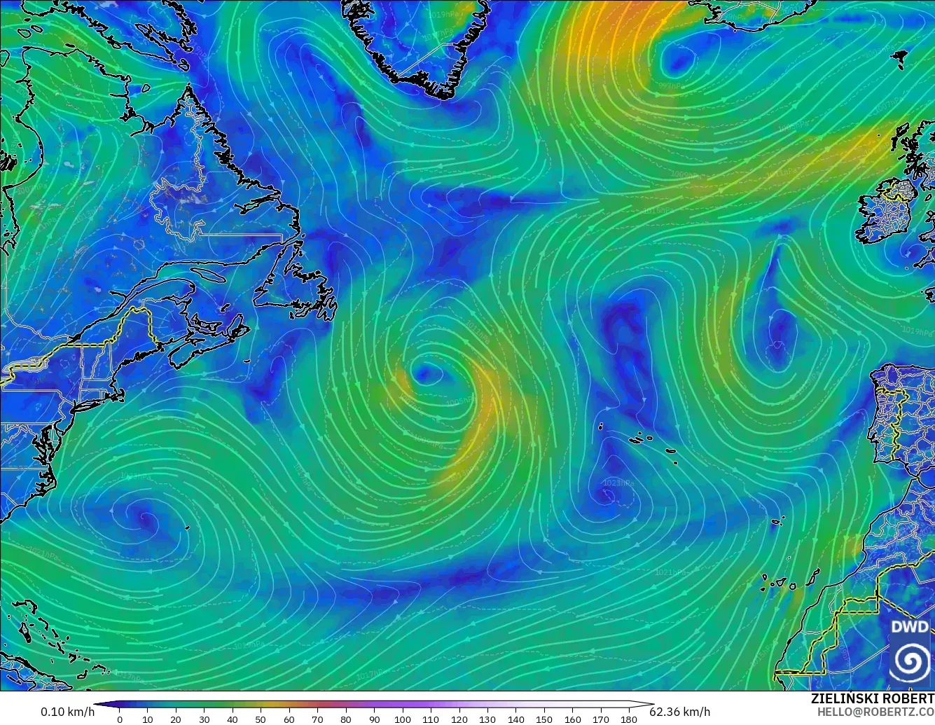 ICON modelo - Norte Atlántico, Viento a 10 m