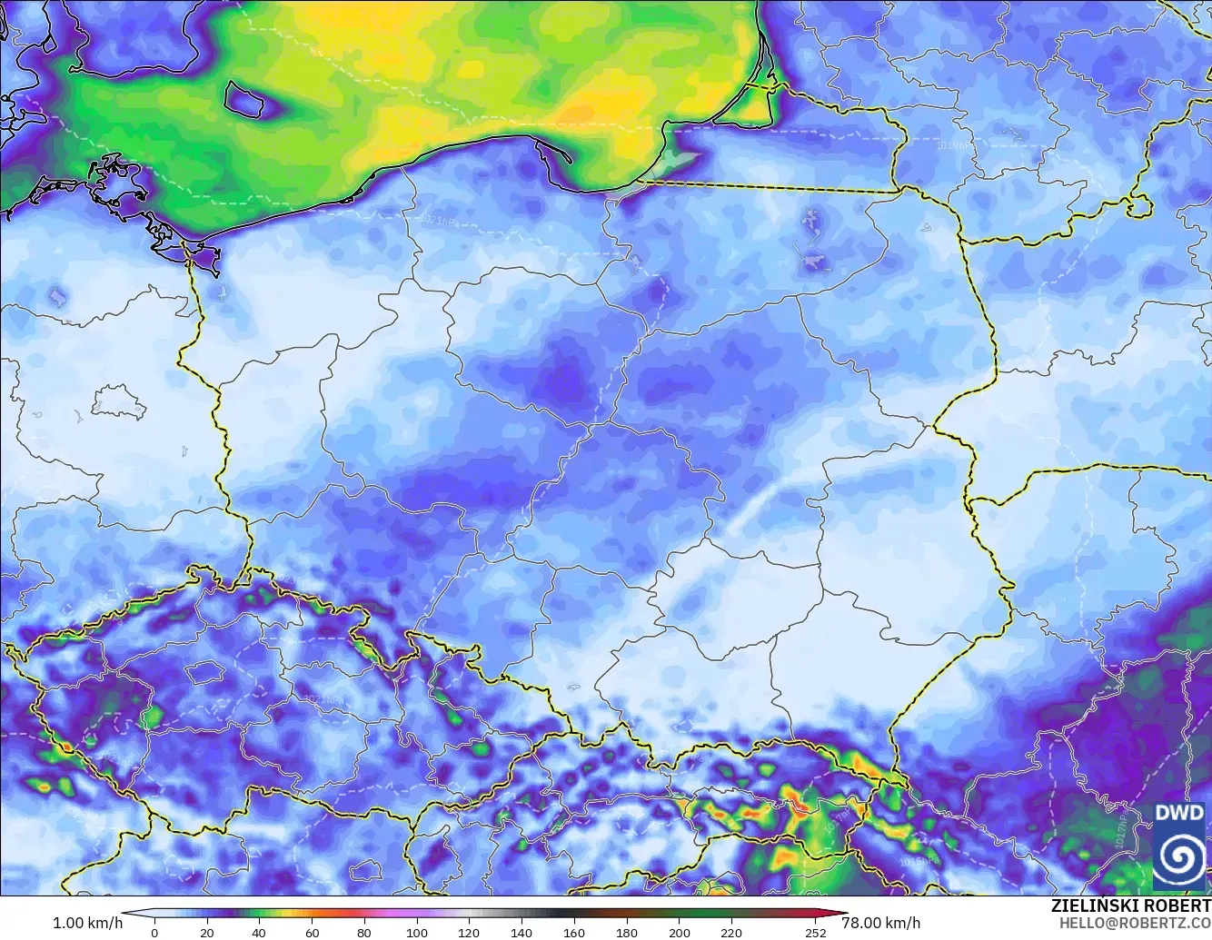 ICON modelo - Polonia, Ráfagas de Viento Máximas