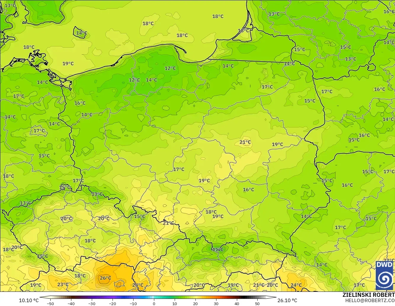 ICON modelo - Polonia, Temperatura a 2 m