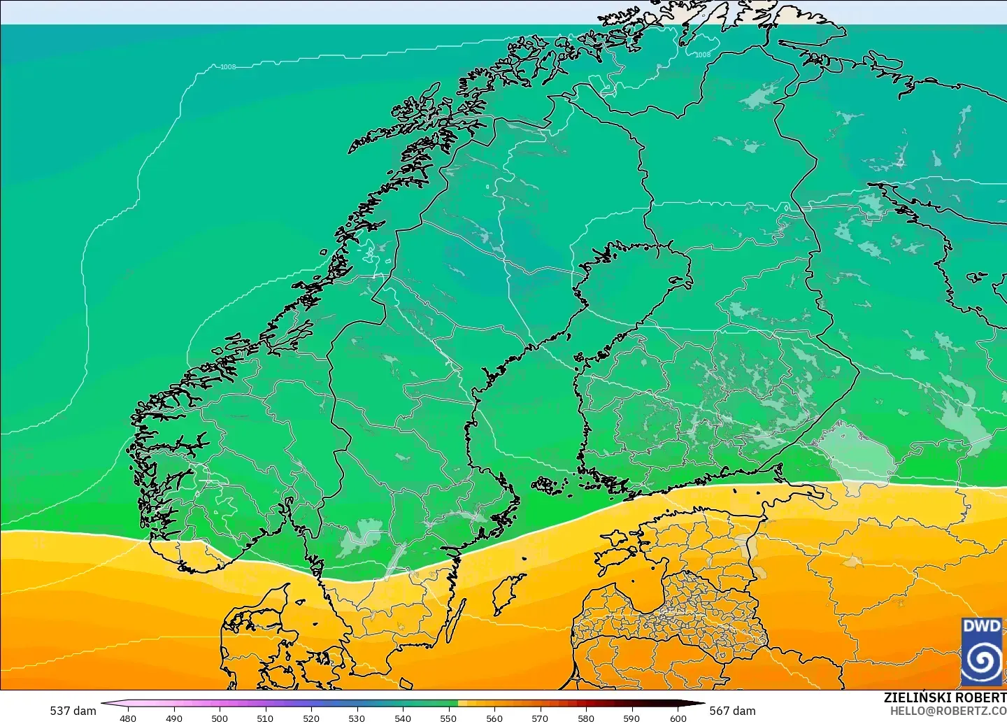ICON modelo - Escandinavia, Altura geopotencial a 500 hPa