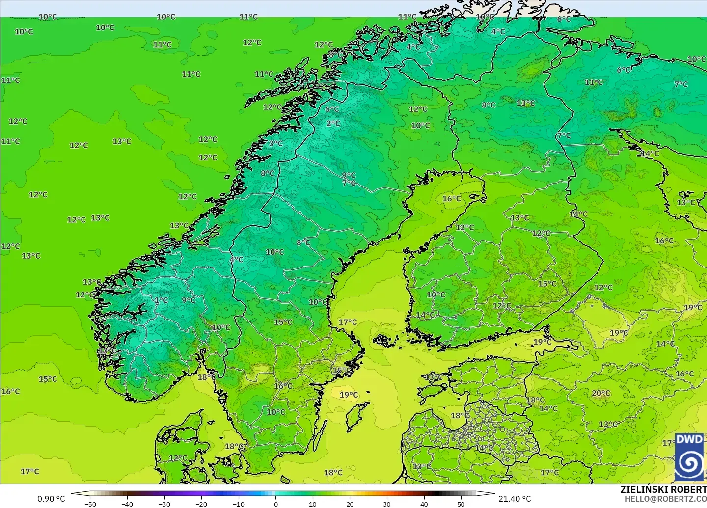 ICON modelo - Escandinavia, Temperatura a 2 m