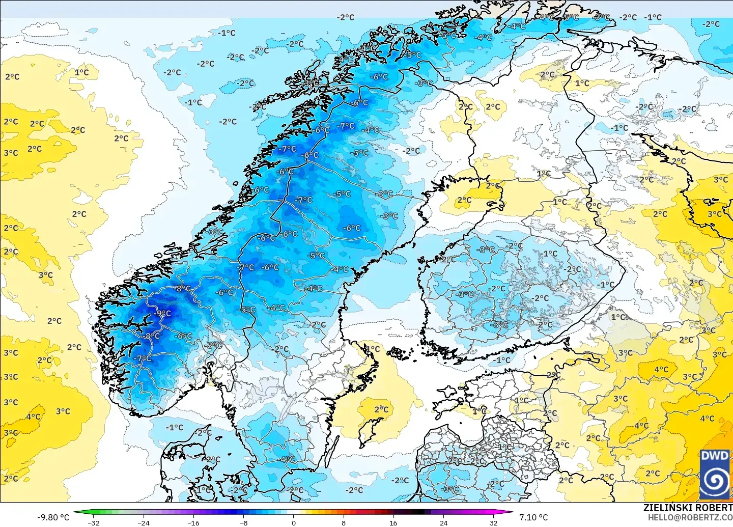 ICON modelo - Escandinavia, Anomalía de temperatura a 850 hPa