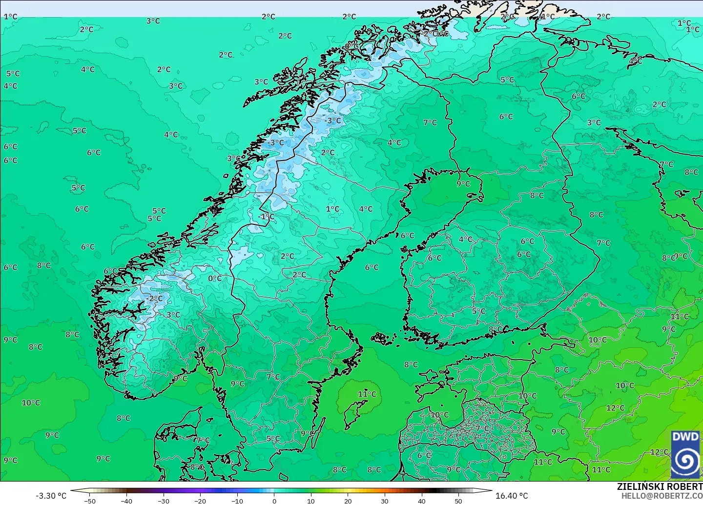 ICON modelo - Escandinavia, Temperatura a 850 hPa