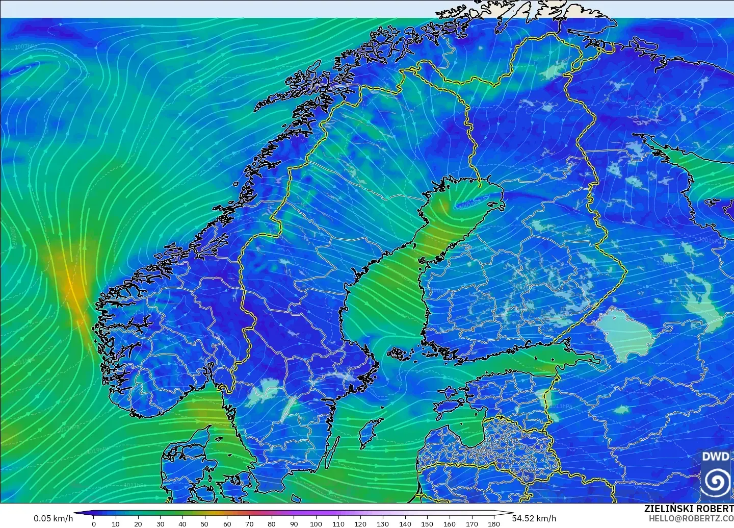 ICON modelo - Escandinavia, Viento a 10 m