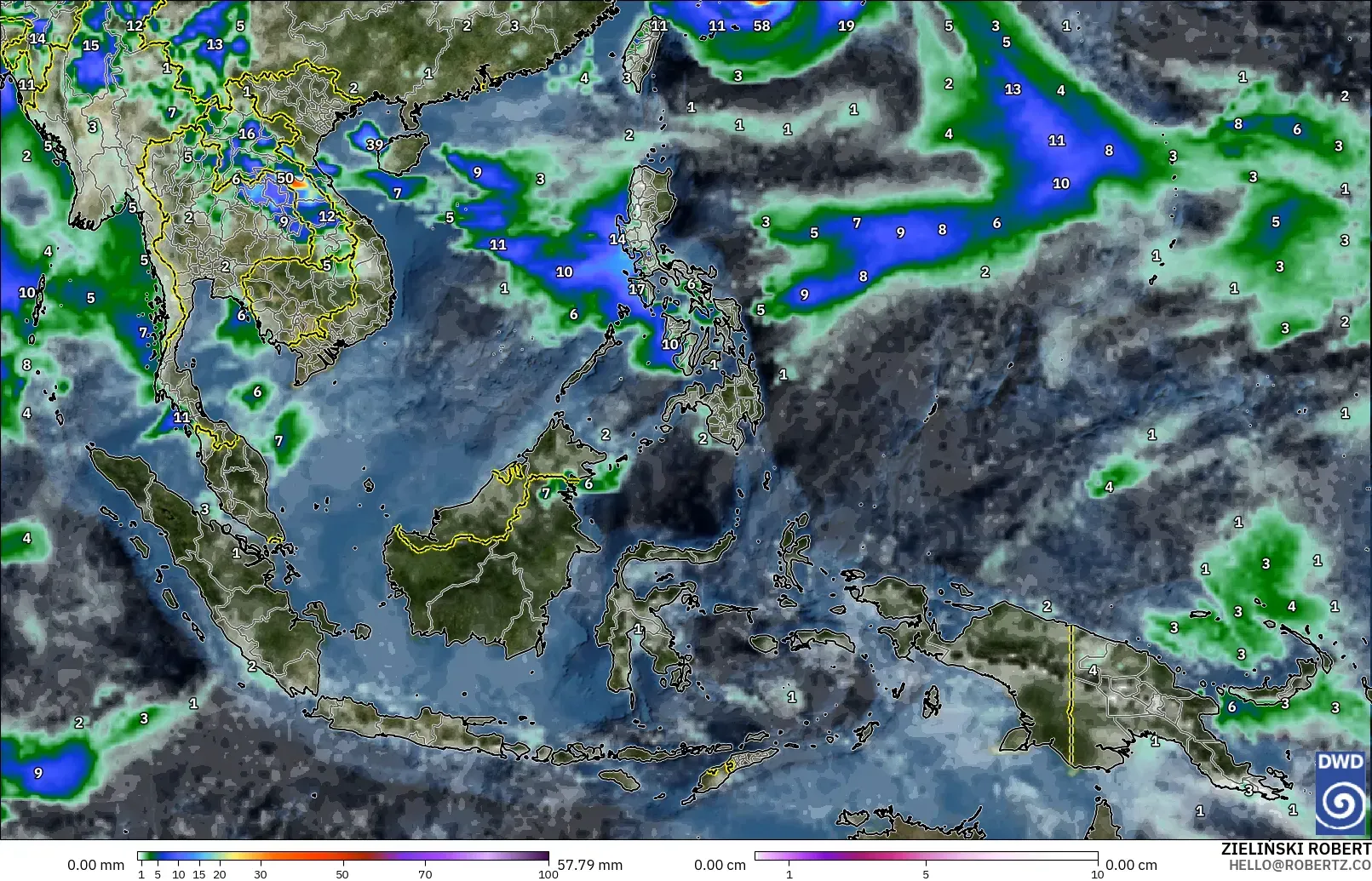 ICON modelo - Sudeste Asiático, Precipitación, nubes y presión