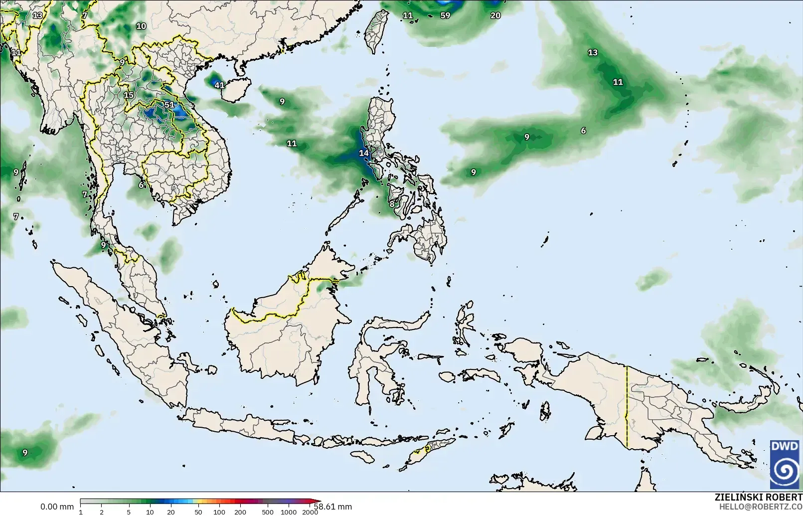 ICON modelo - Sudeste Asiático, Acumulación de precipitación