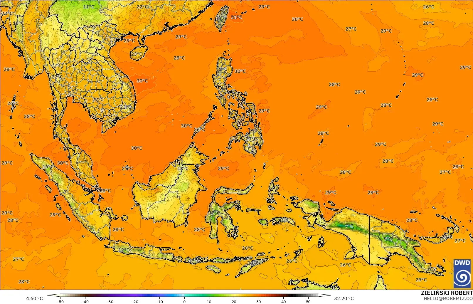 ICON modelo - Sudeste Asiático, Temperatura a 2 m