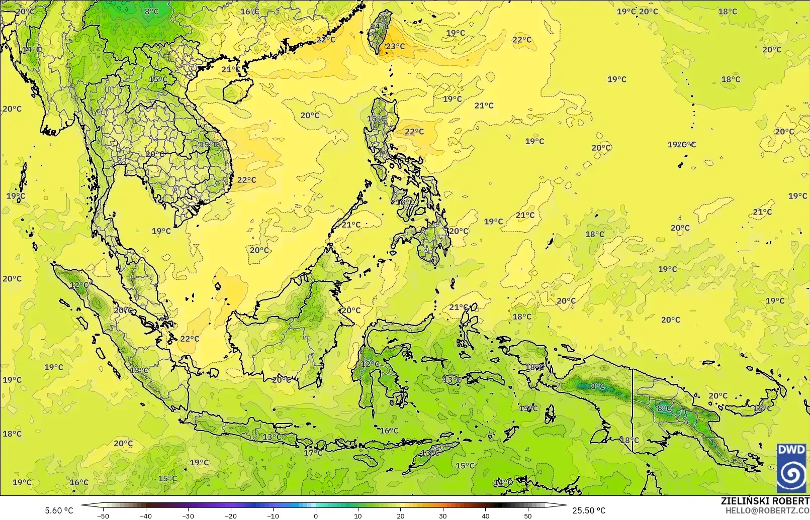 ICON modelo - Sudeste Asiático, Temperatura a 850 hPa