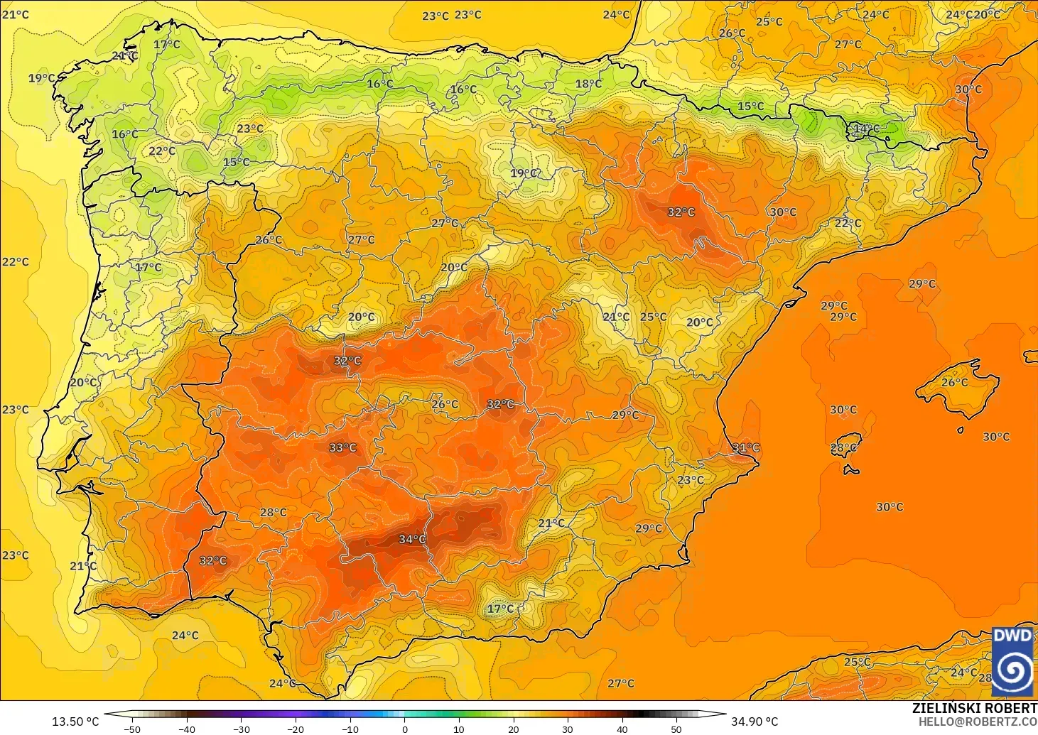 ICON modelo - España, Temperatura a 2 m