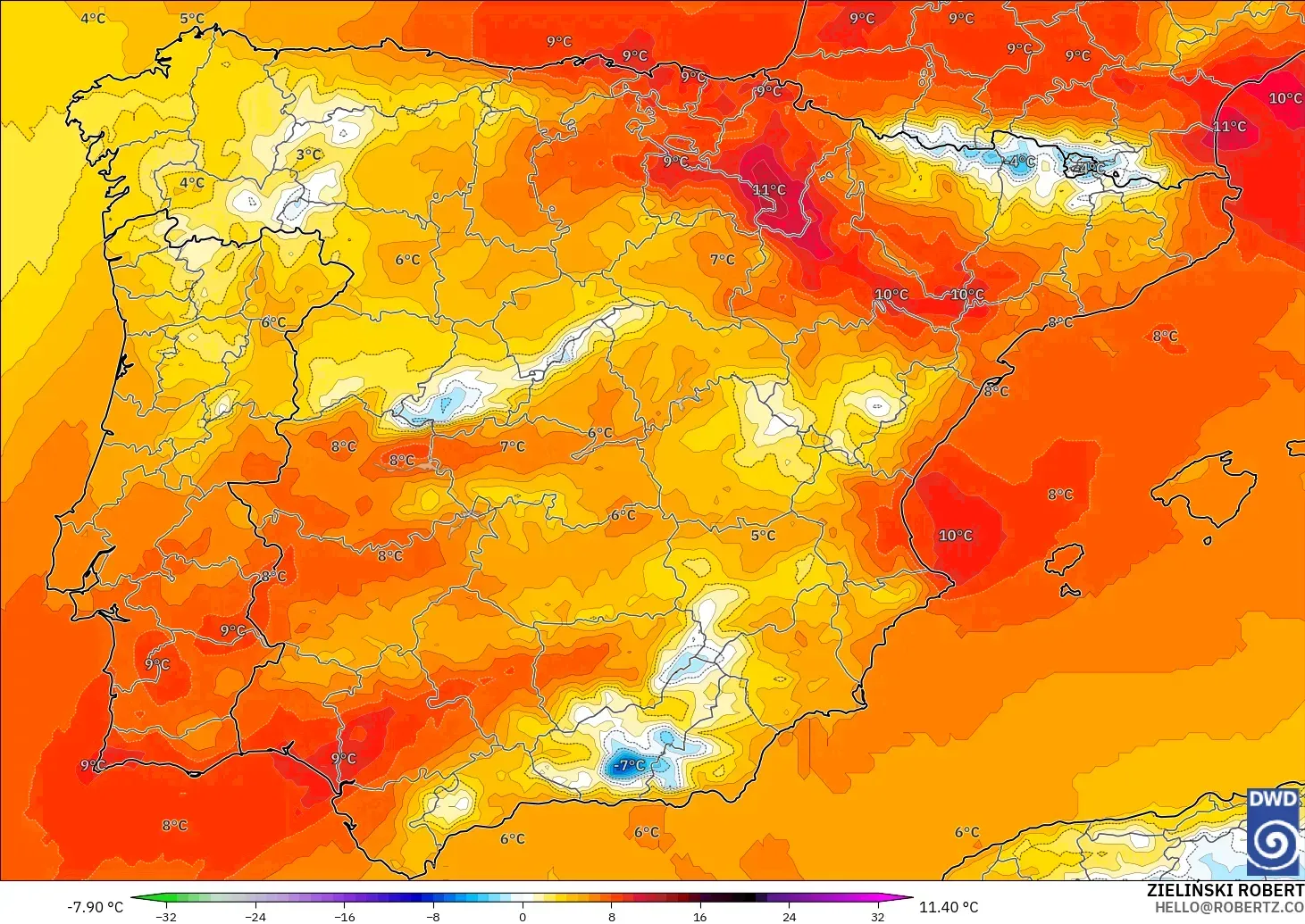ICON modelo - España, Anomalía de temperatura a 850 hPa