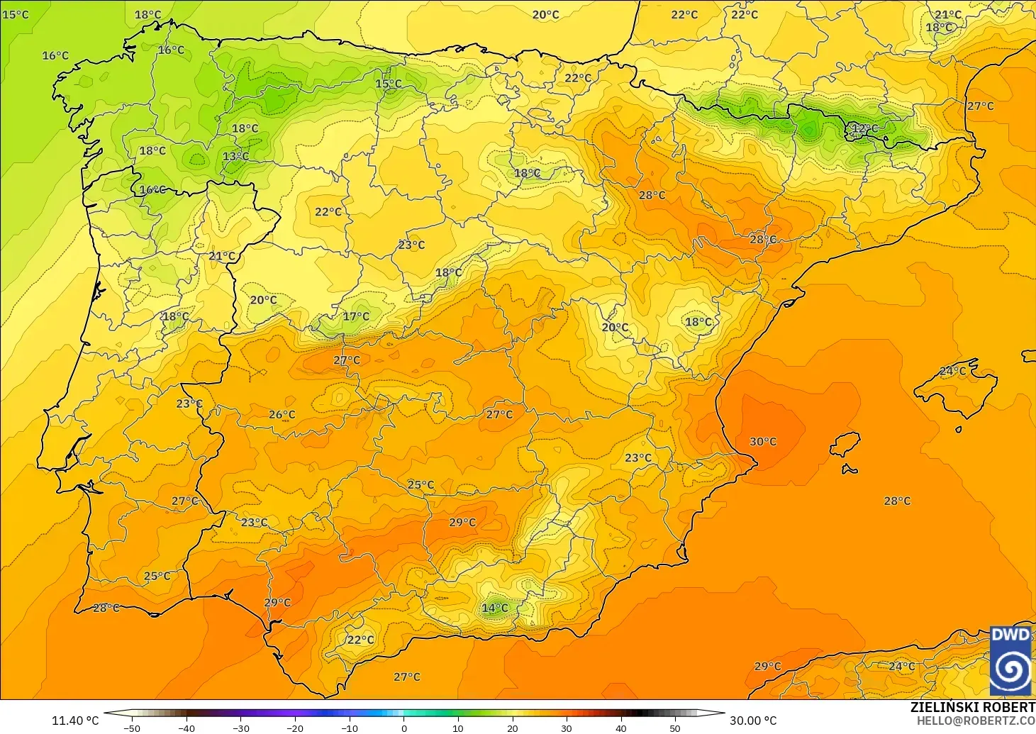 ICON modelo - España, Temperatura a 850 hPa