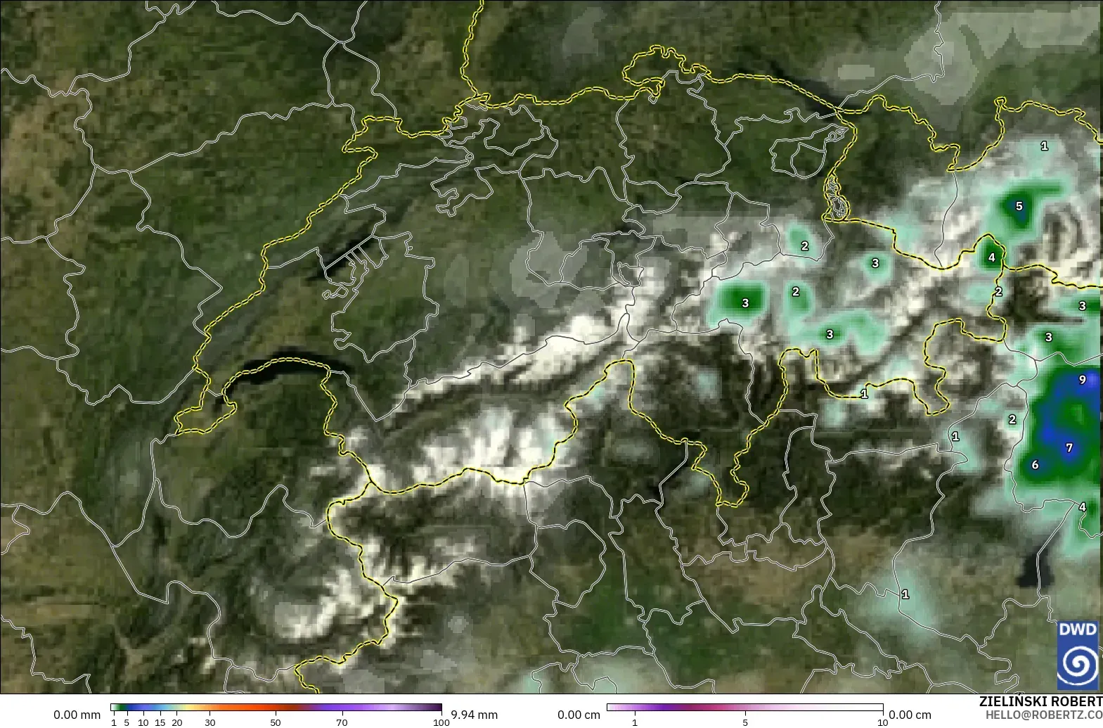 ICON modelo - Suiza, Precipitación, nubes y presión