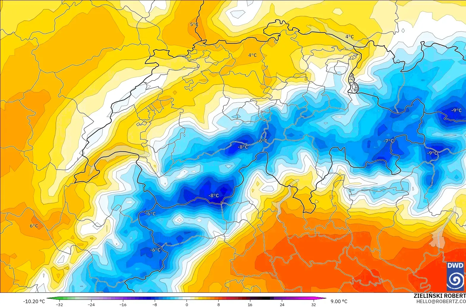 ICON modelo - Suiza, Anomalía de temperatura a 850 hPa