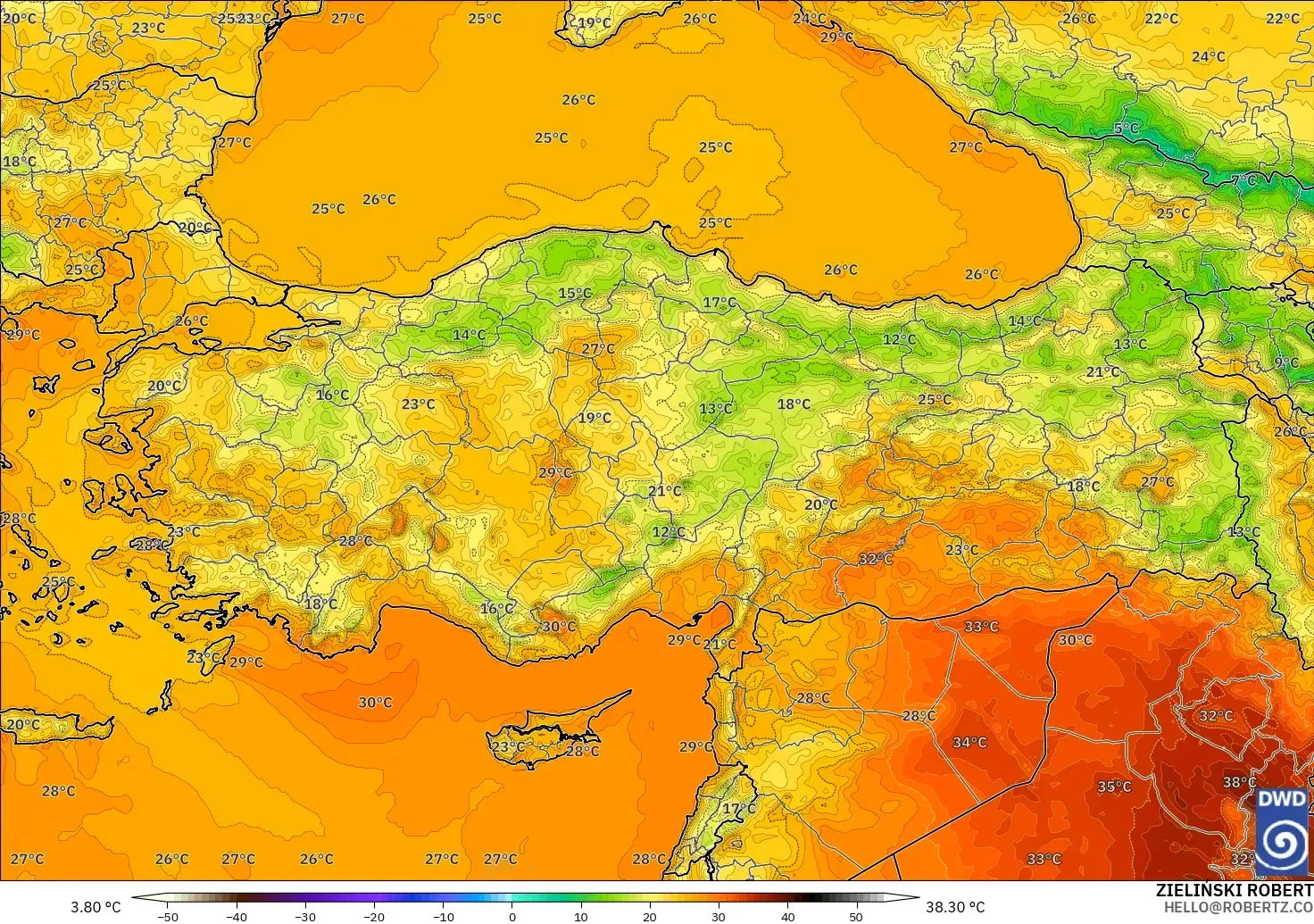 ICON modelo - Turquía, Temperatura a 2 m