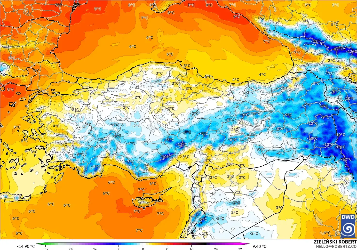 ICON modelo - Turquía, Anomalía de temperatura a 850 hPa