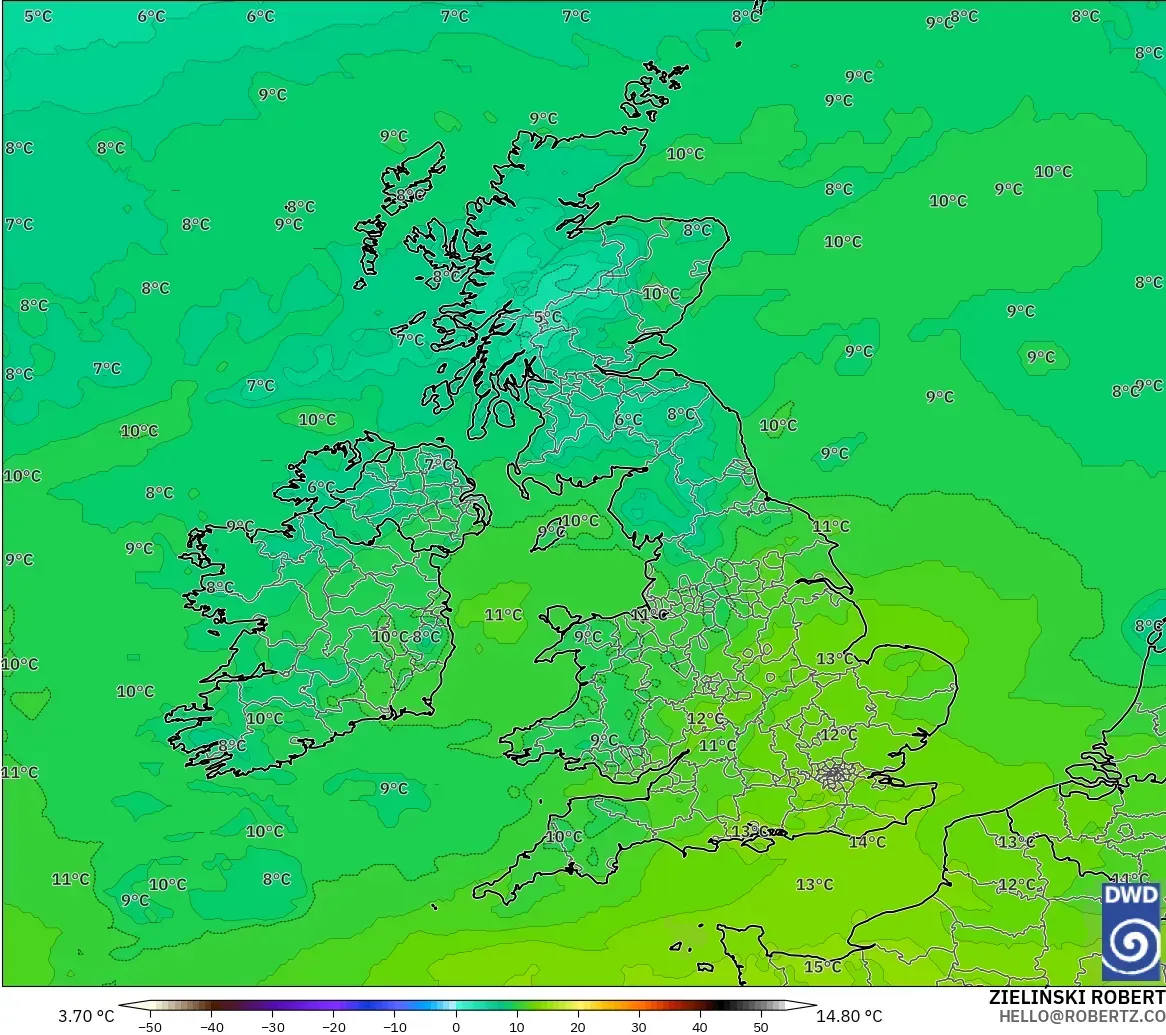 ICON modelo - Reino Unido, Temperatura a 850 hPa