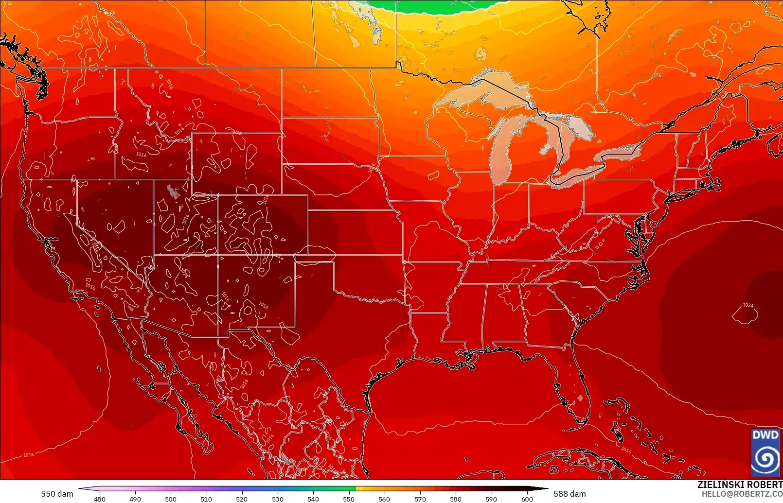 ICON modelo - Estados Unidos, Altura geopotencial a 500 hPa