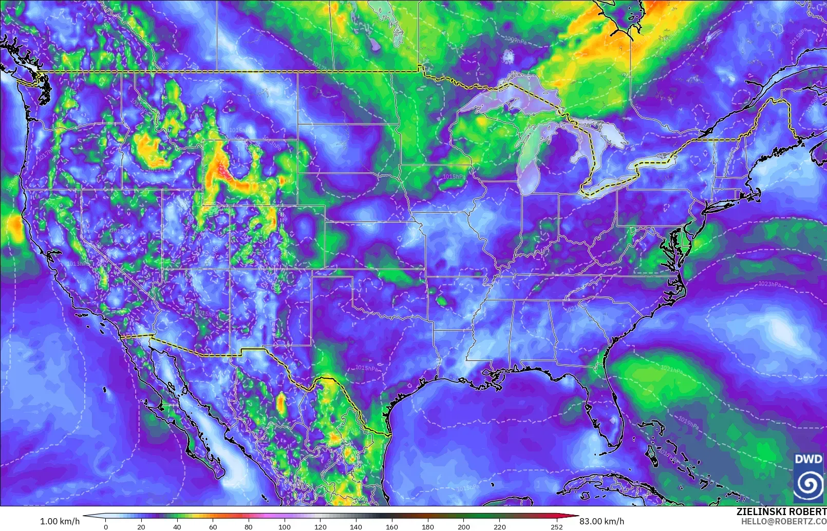 ICON modelo - Estados Unidos, Ráfagas de Viento Máximas