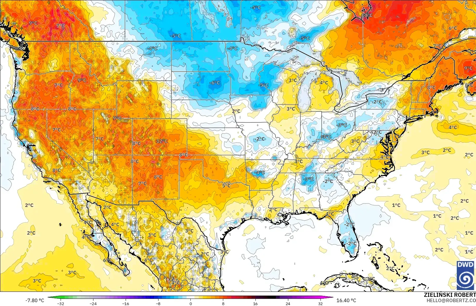ICON modelo - Estados Unidos, Anomalía de temperatura a 2 m
