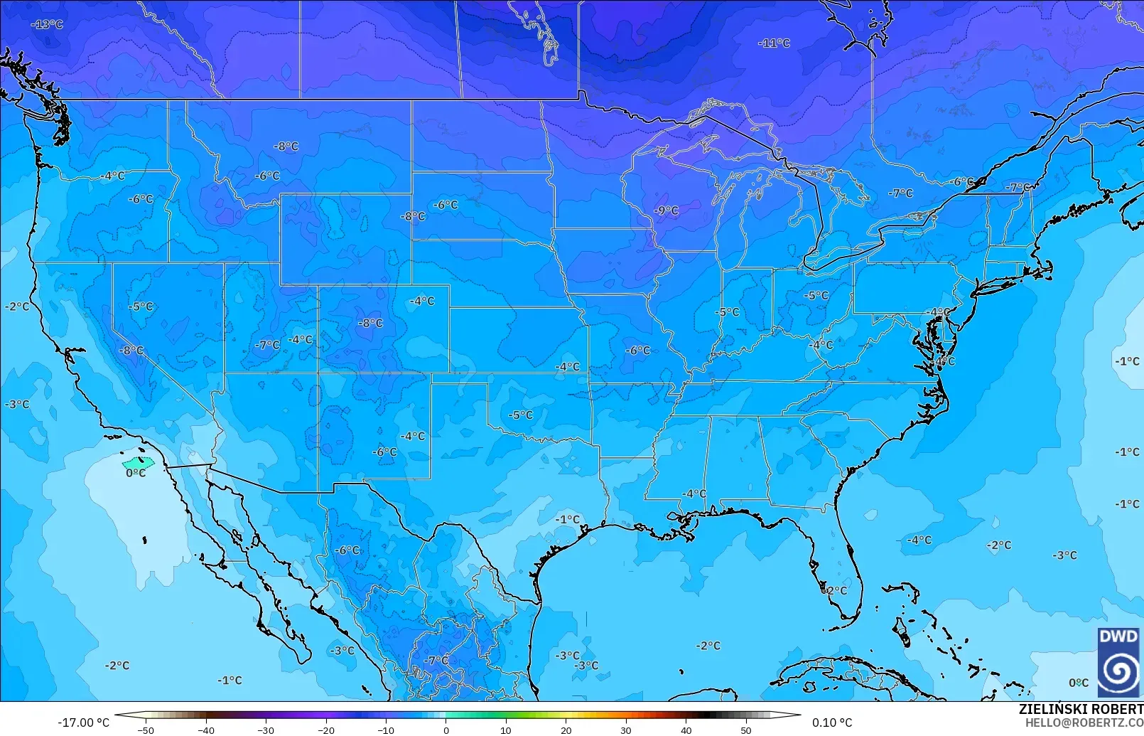 ICON modelo - Estados Unidos, Temperatura a 500 hPa