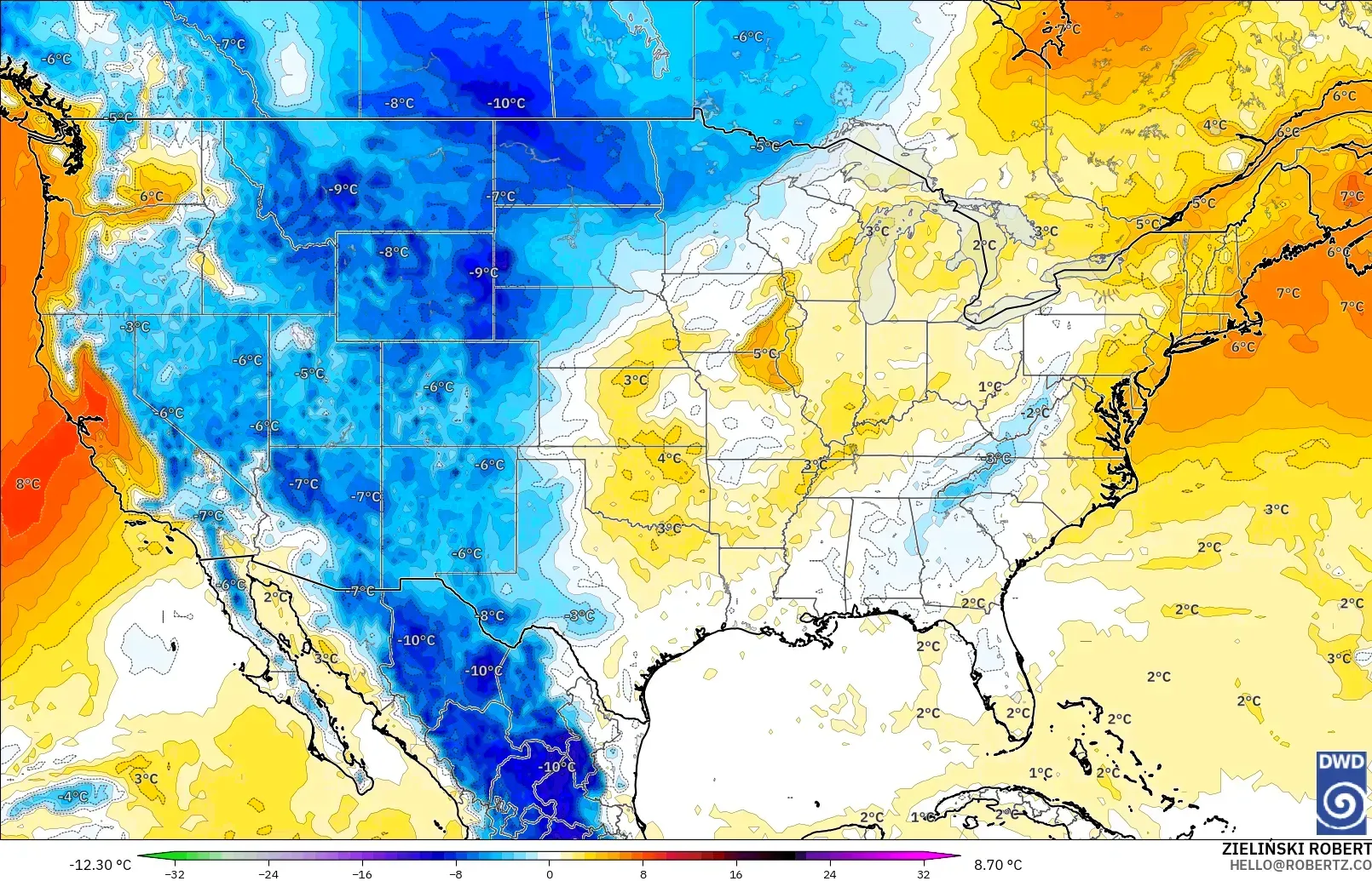 ICON modelo - Estados Unidos, Anomalía de temperatura a 850 hPa