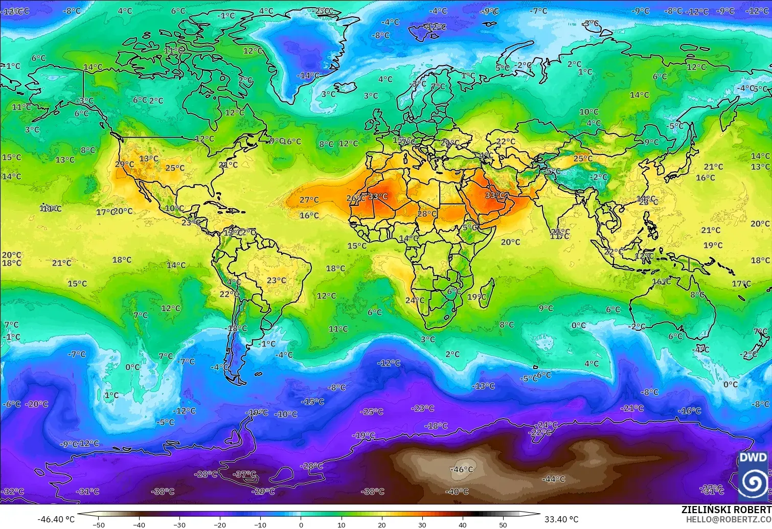 ICON modelo - Mundo, Temperatura a 850 hPa